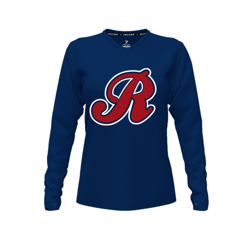 [CUS-DFW-TEES-CMF-VNK-LSL-NVY-FYXS-LOGO2] Decker Comfort T-Shirt (Female Youth XS, Navy, V Neck, Logo 2, Long Sleeve)